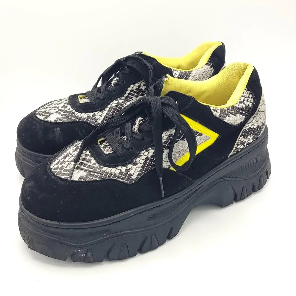 Bamboo platform sneakers yellow black snake skin women's size 9